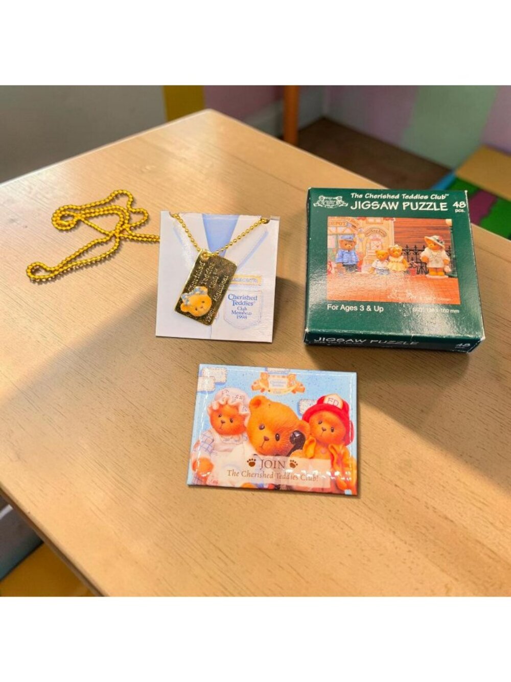 Cherished Teddies Club Lot Memberbear Necklace, Pin & 48-Piece Puzzle Set